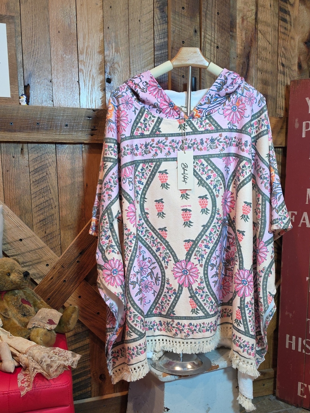 179p Blue Velvet Boho Floral Pink Hooded Poncho